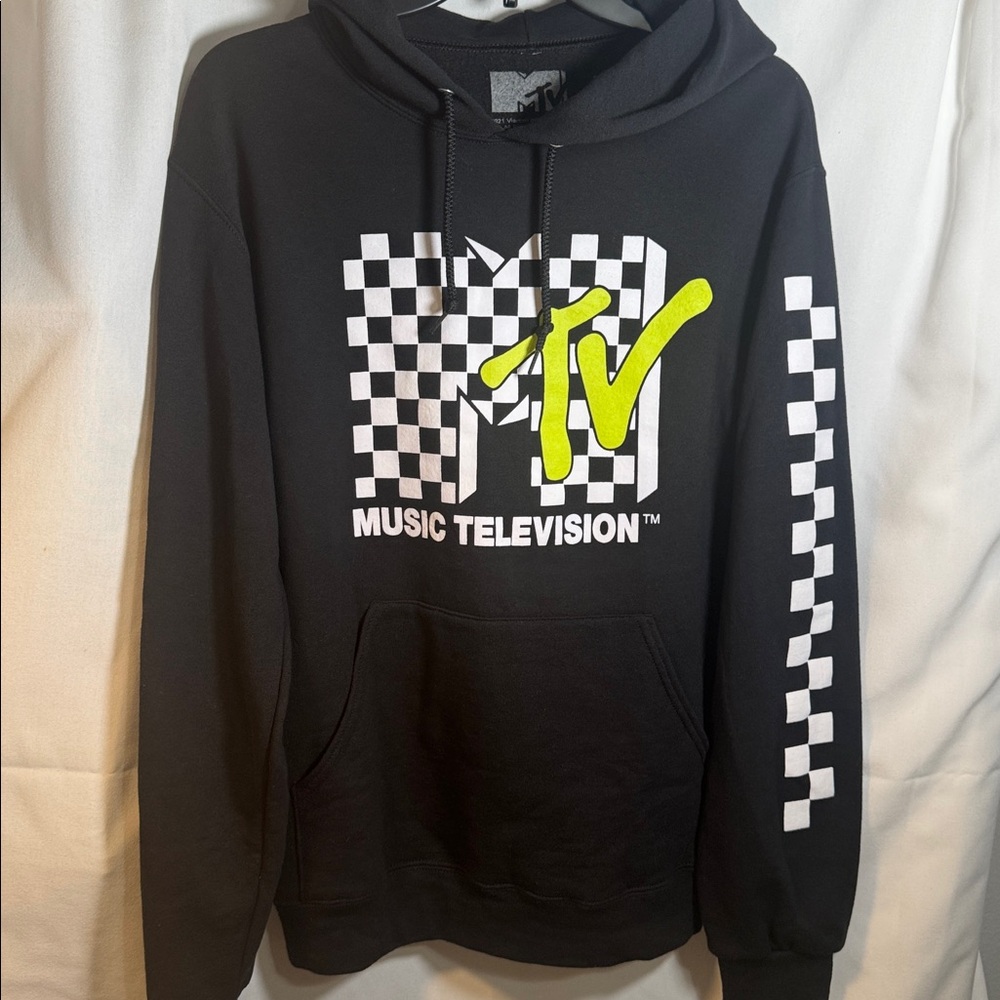 MTV Checkerboard Logo Black Graphic Hoodie Sweatshirt Small S Viacom